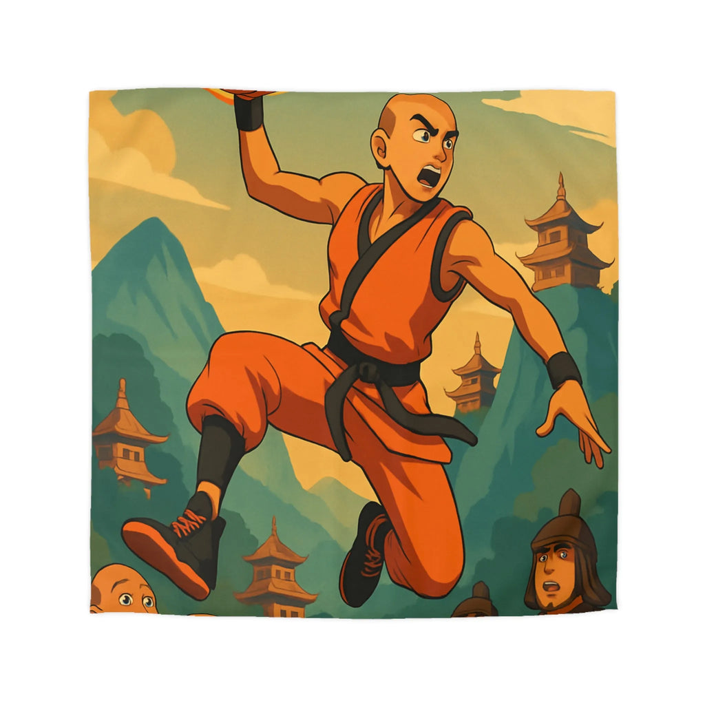 Housse de Couette Art Martial Moine avec Ballon de Basket en Feu Paysage Montagneux