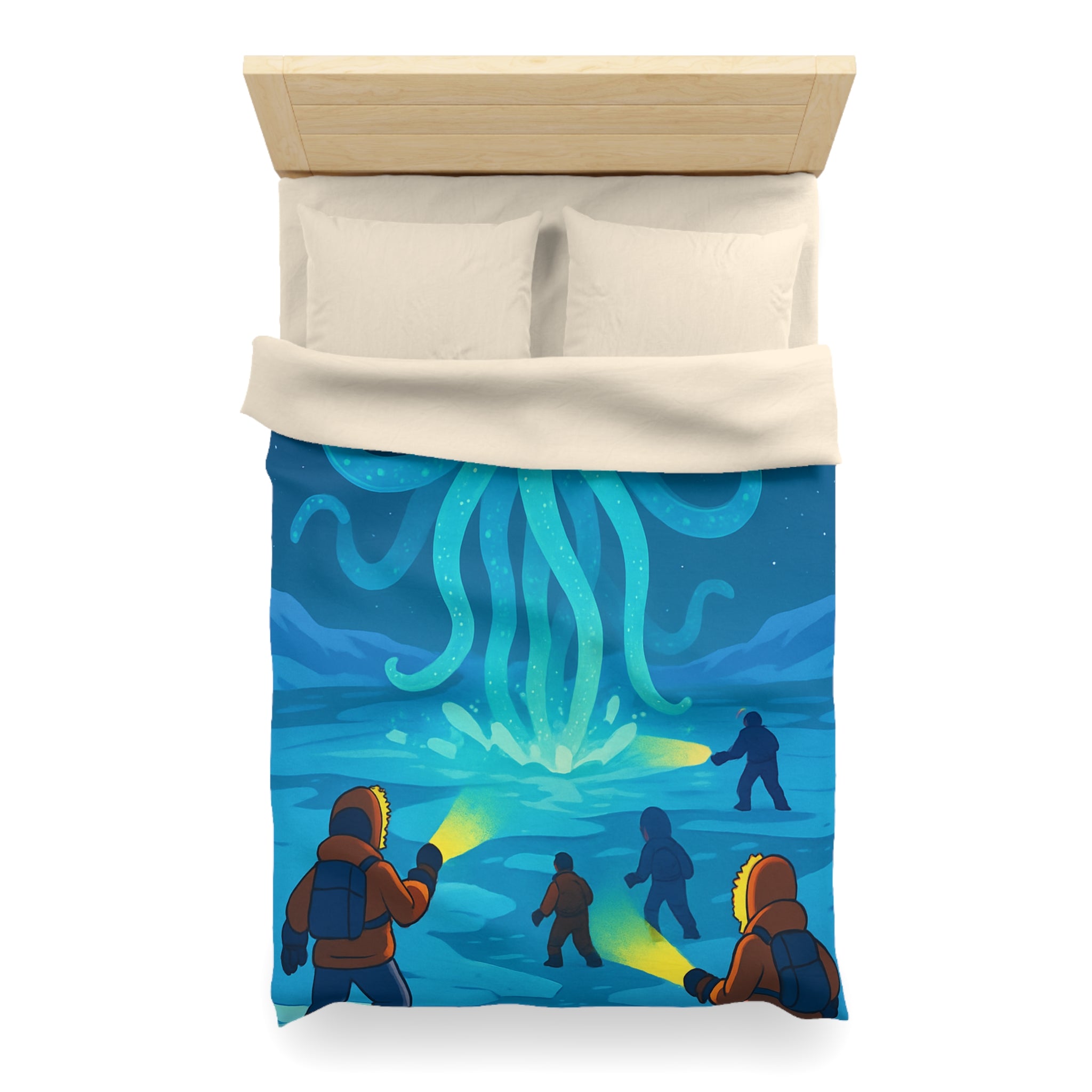 Nuit polaire avec pieuvre géante luminescente sous ciel étoilé et aventuriers en doudoune