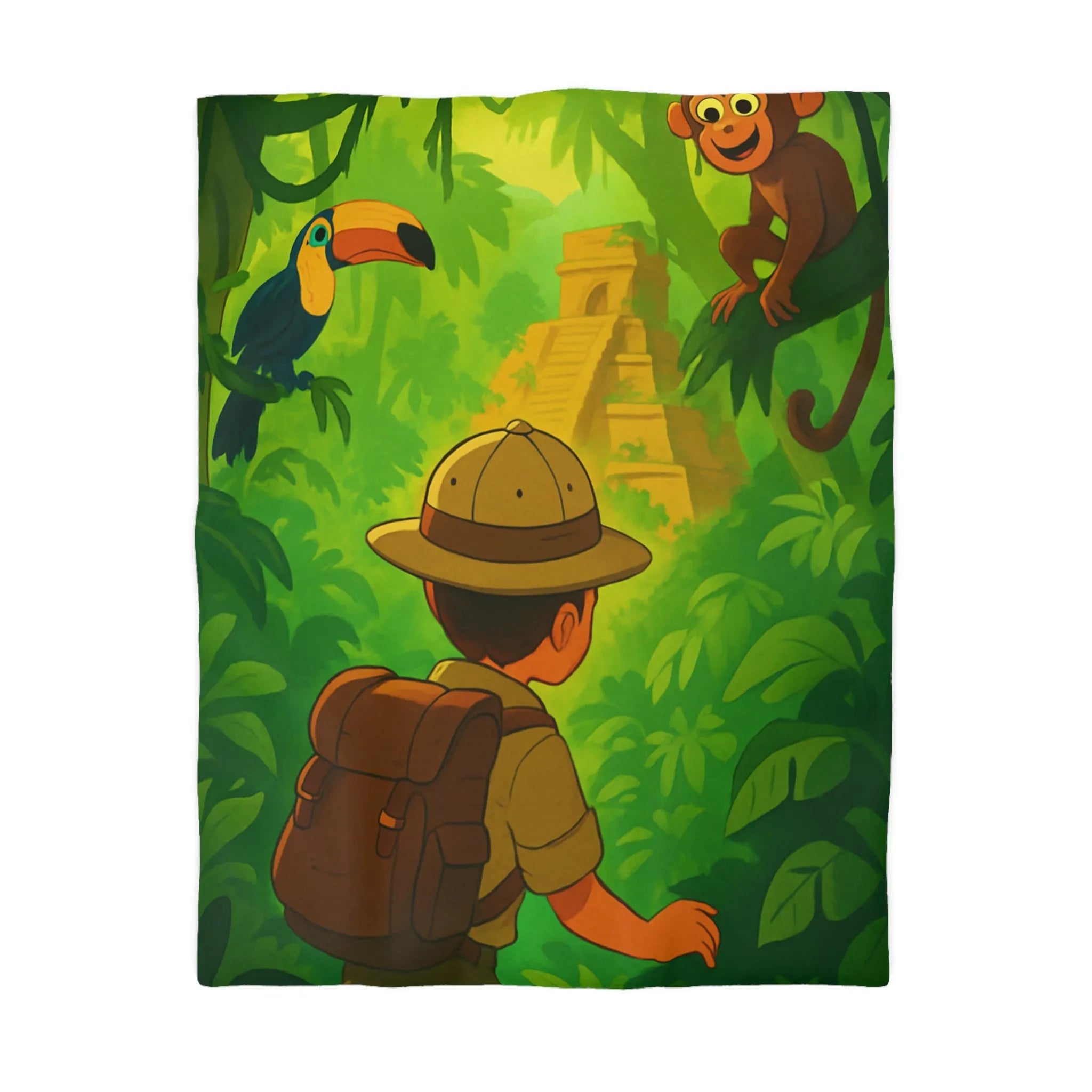 Housse de couette jungle avec aventurier, singe et toucan, ambiance explorateur