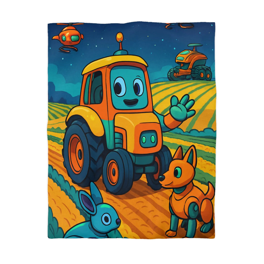 Housse de couette colorée avec tracteur joyeux, robots animaux et scène de ferme nocturne