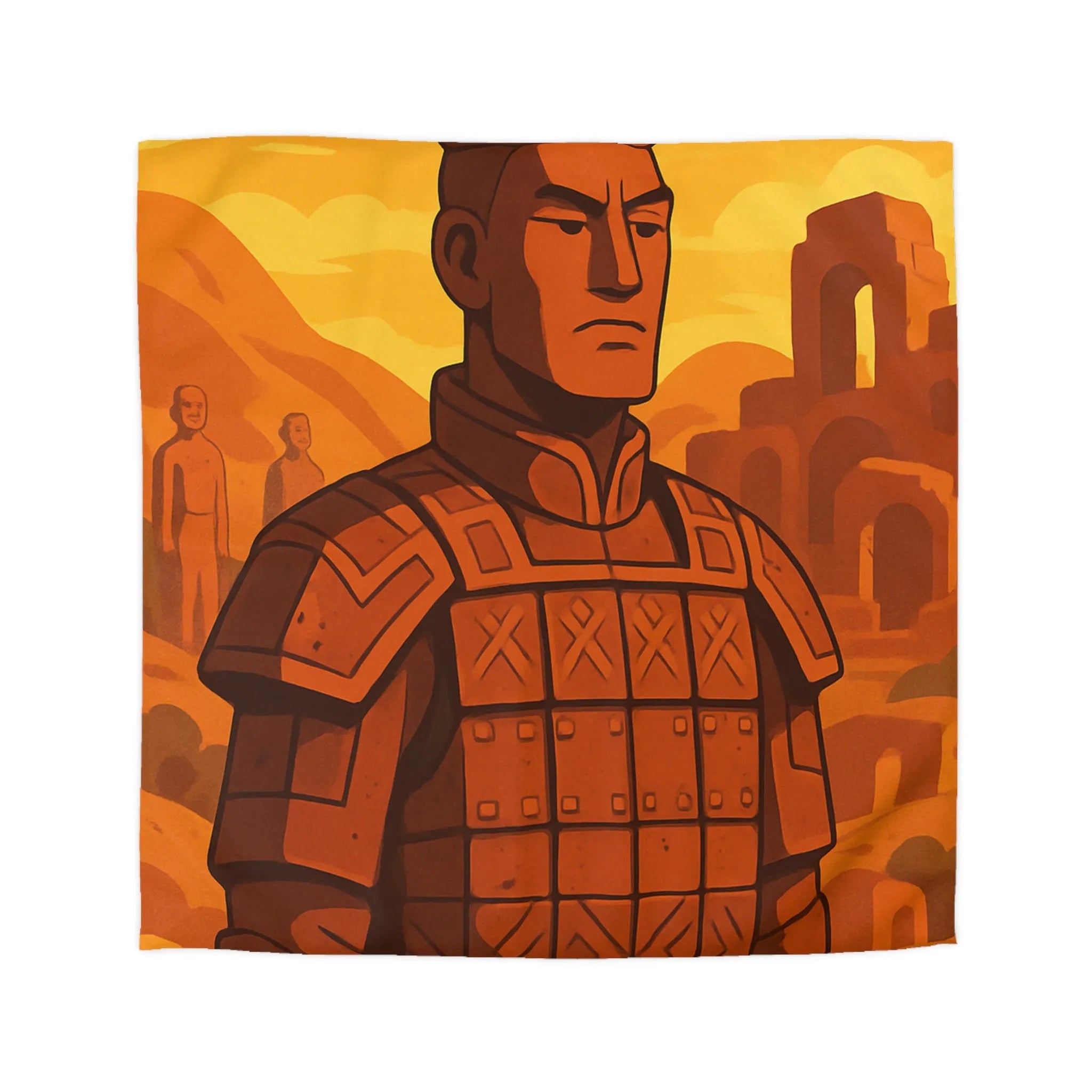 Housse de couette inspirée des guerriers antiques dans un style artistique épuré et vibrant