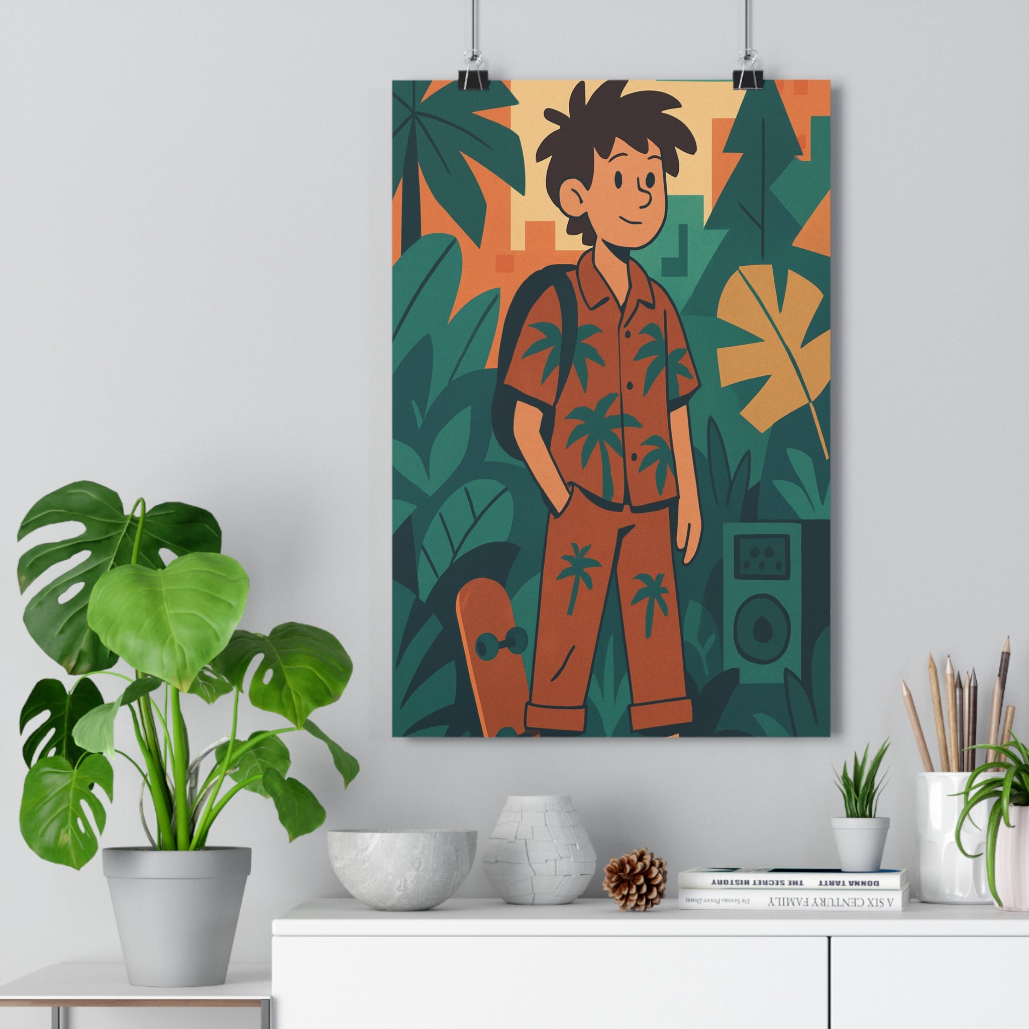 Poster décoratif jungle géométrique vert orange cartoon stylisé aventurier salon bureau nature unique qualité
