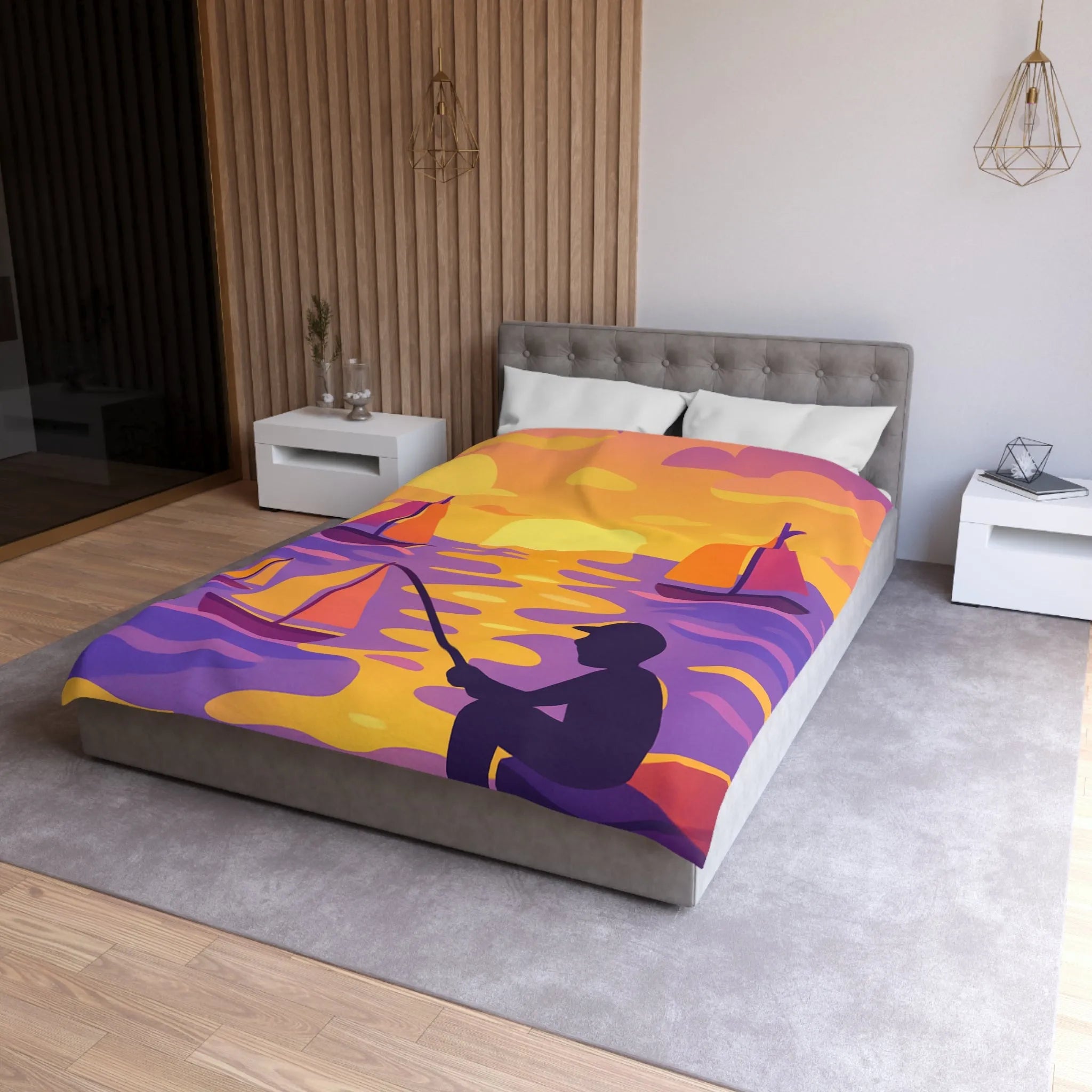 Housse de couette colorée avec voiliers et coucher de soleil magnifique au bord de l'eau