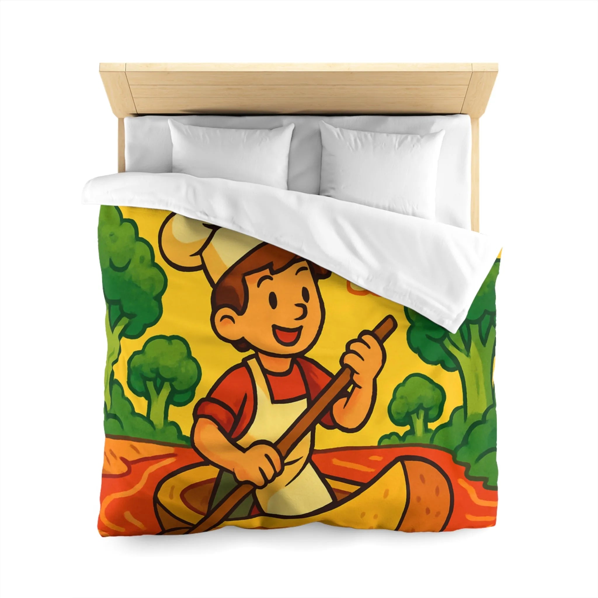 Housse de Couette Chef Enfant Naviguant en Barque sur Rivière Orange Ludique et Colorée