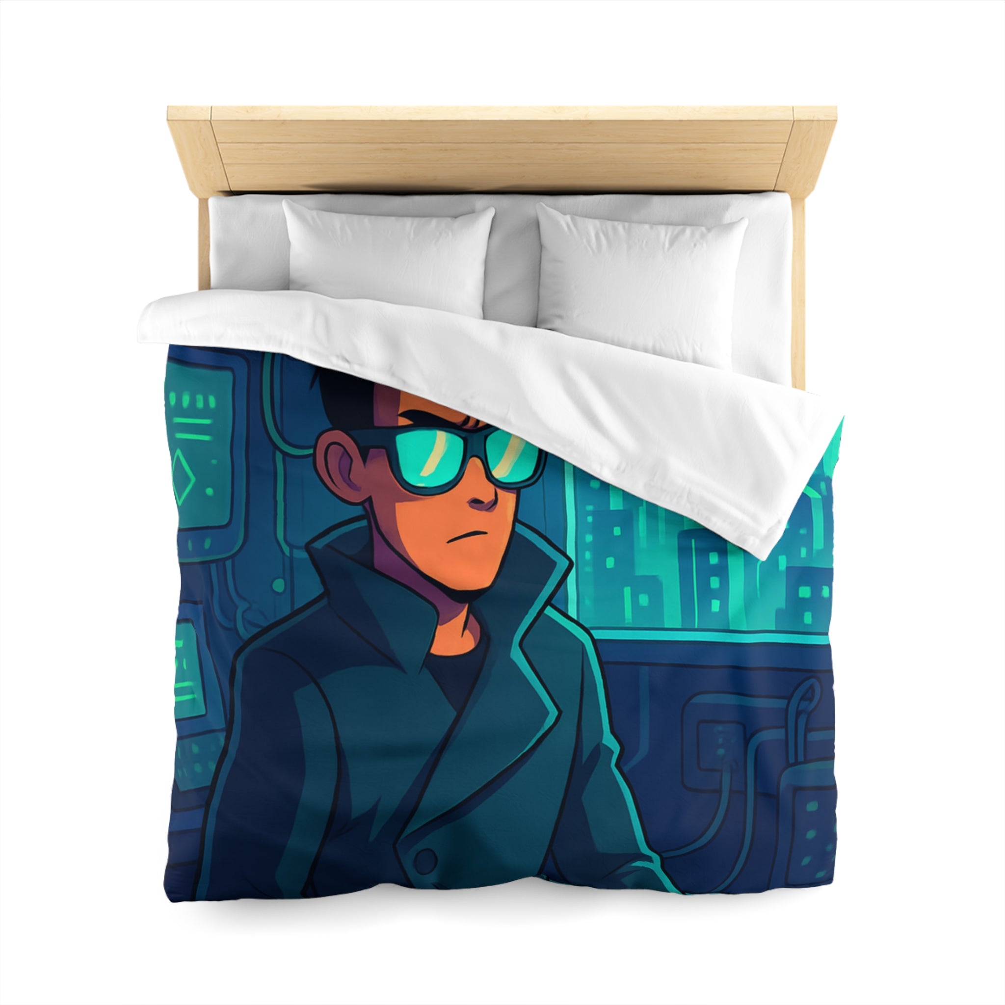 Housse de couette urbaine homme élégant en manteau dans appartement futuriste avec écran