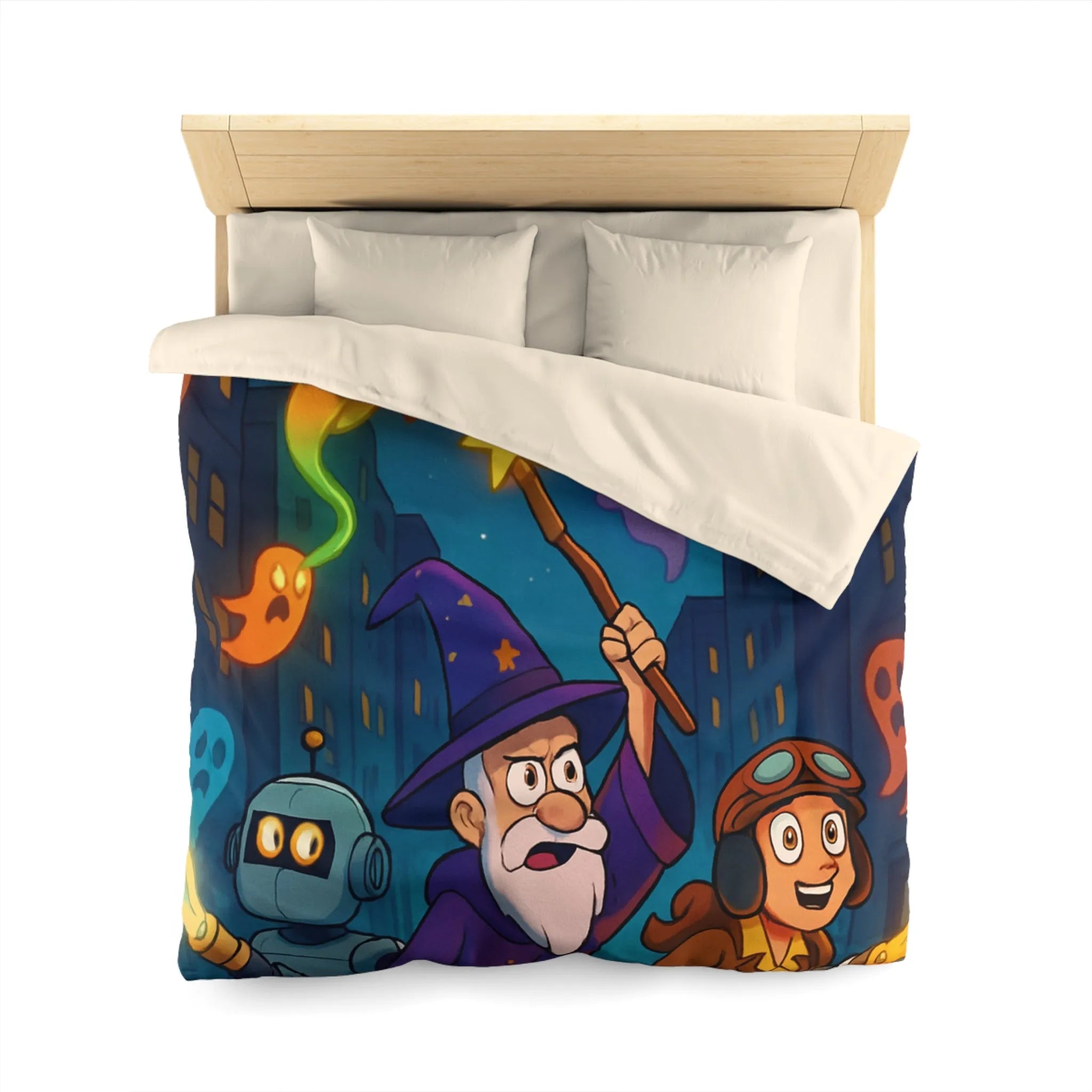 Housse de couette magique avec fantômes colorés, sorcier et robot aventureux en ville nocturne