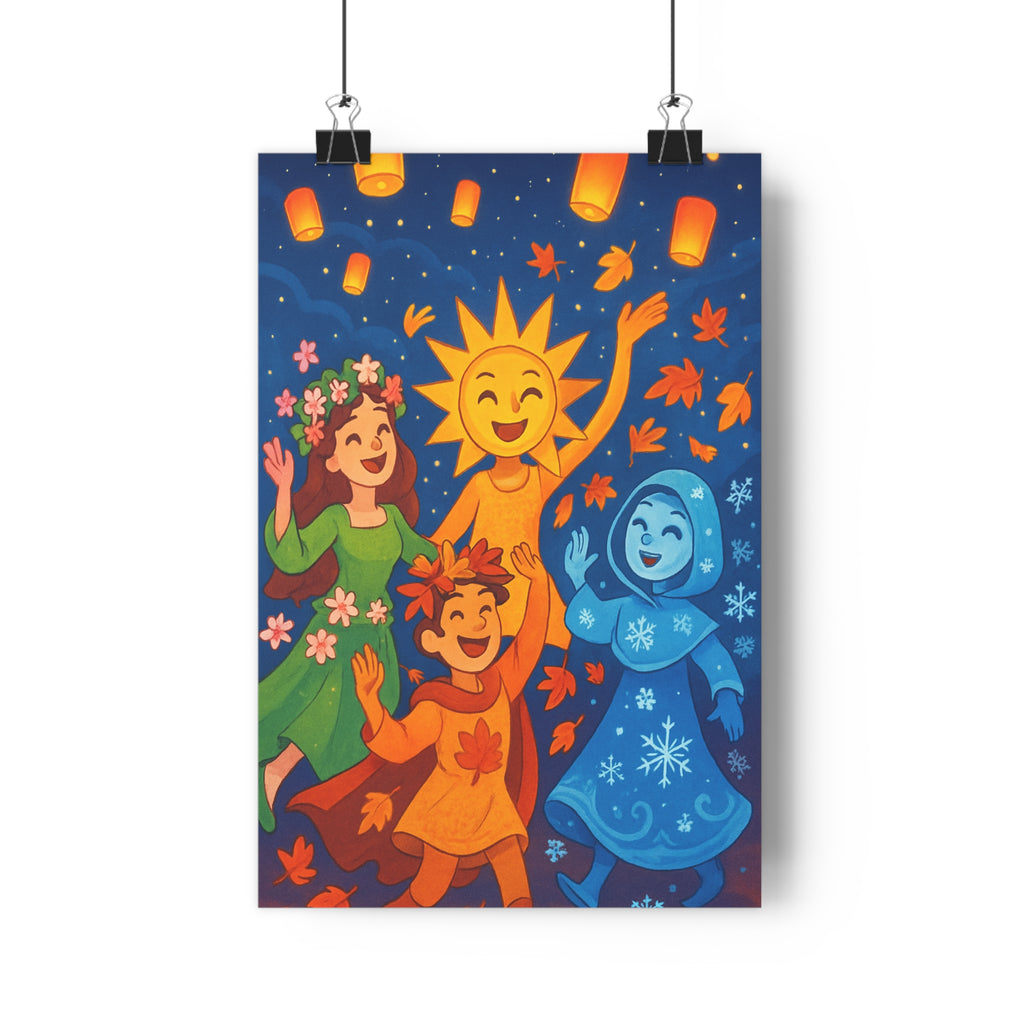 Poster décoratif cartoon joyeux jaune vert orange bleu enfant chambre salon saison qualité flocons