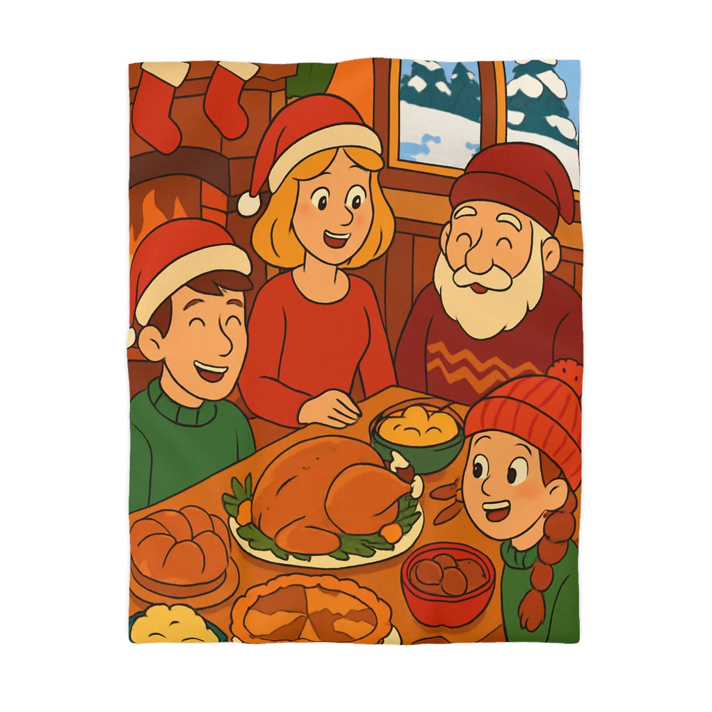 Housse de couette festive Noël famille réunie autour d'un dîner savoureux cheminée