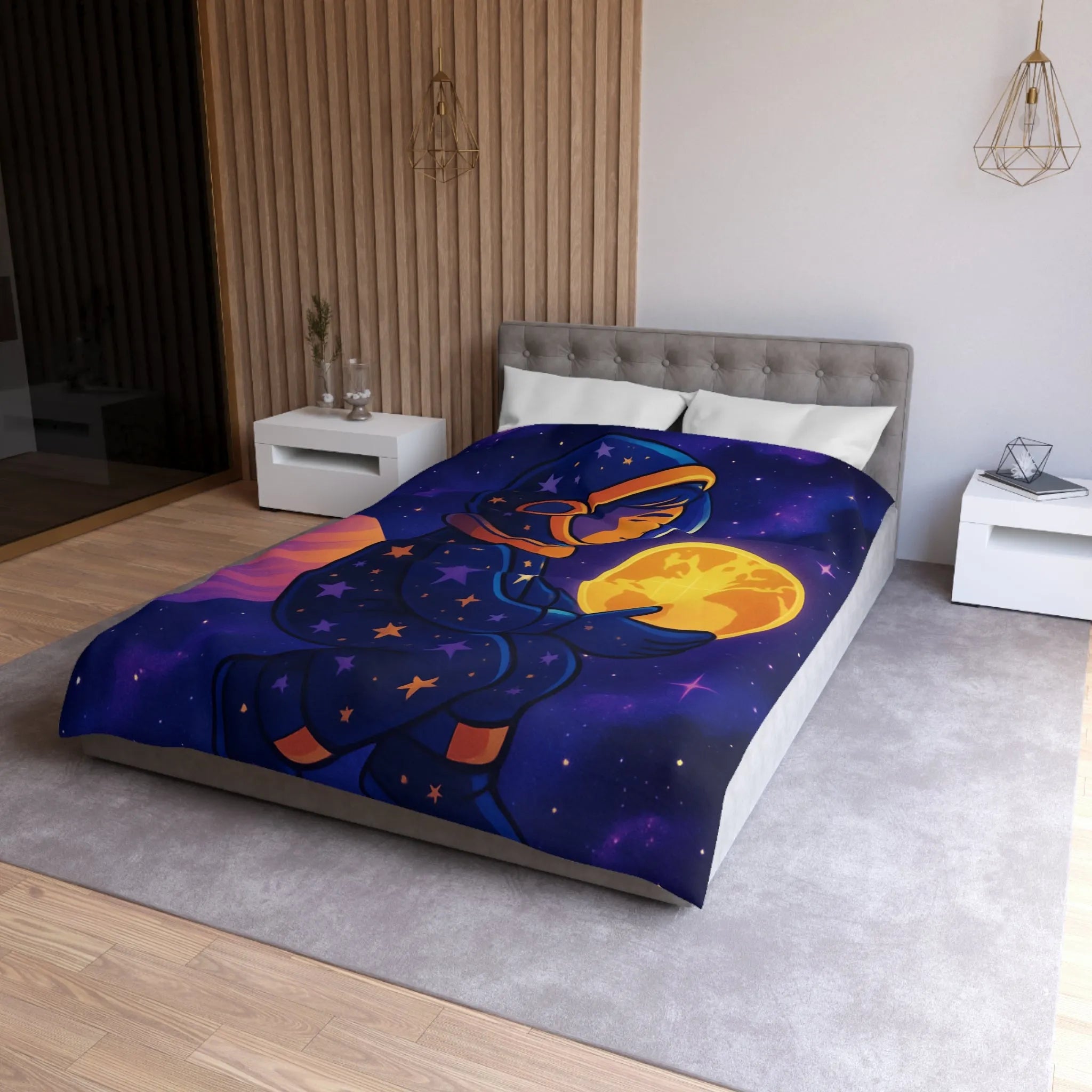 Housse de couette cosmos enfantine avec astronaute rêveur tenant une planète lumineuse