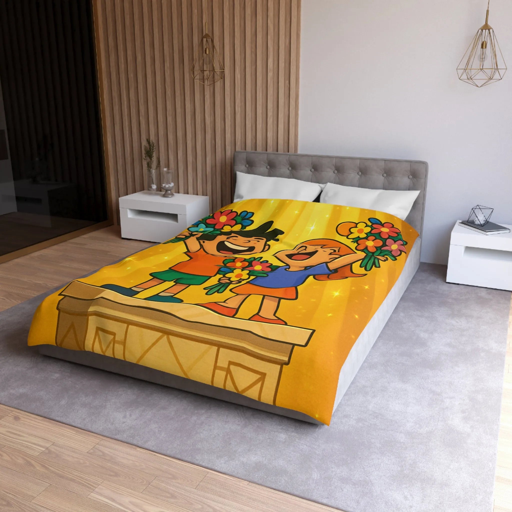 Dessin mignon d'enfants célébrant avec des bouquets de fleurs illuminés de rayons dorés