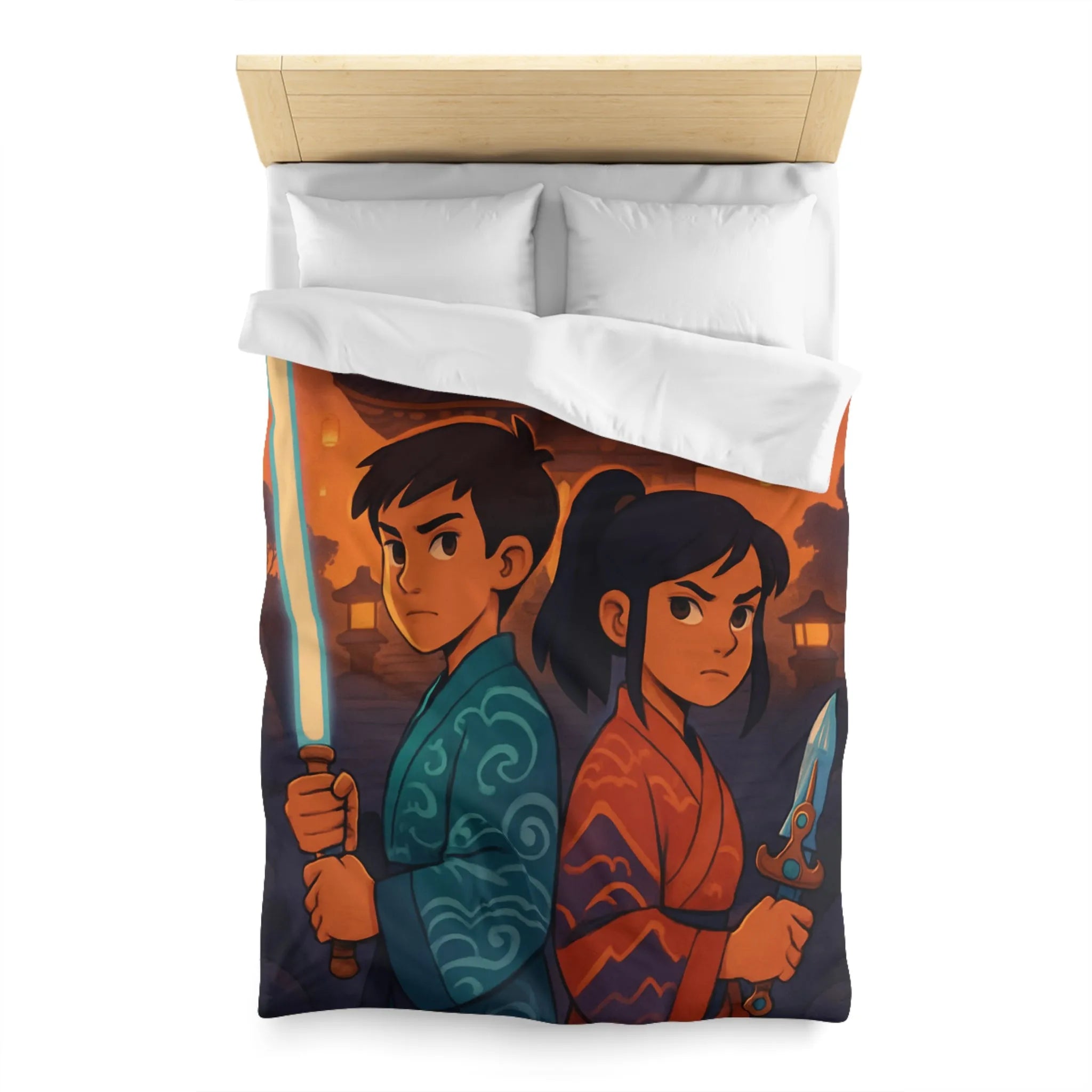 Housse de couette avec enfants guerriers, lanterne céleste, temple ancien, ambiance mystique