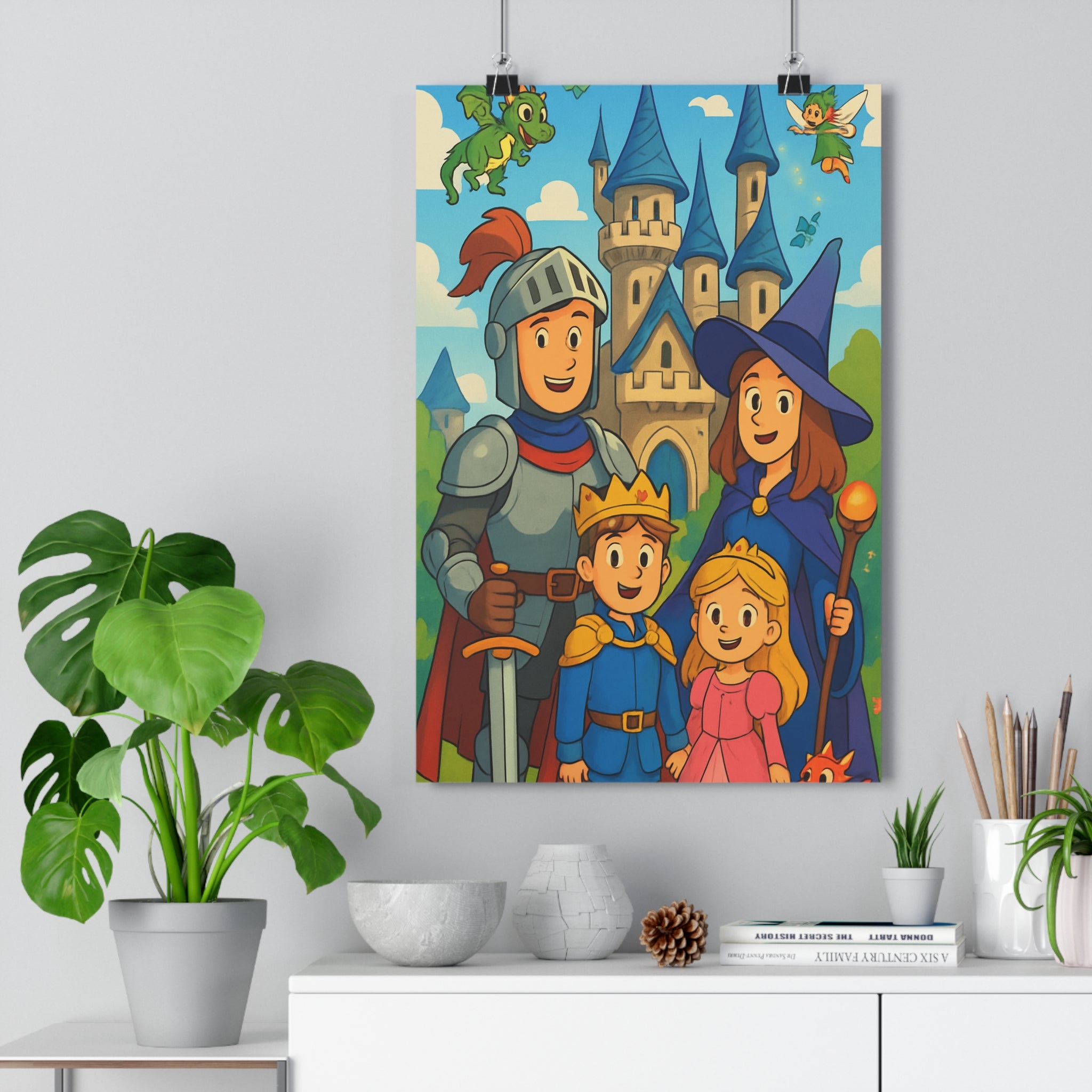 Poster décoratif dessin animé médiéval fantastique joyeux magique enchanté chevalier magicienne princesse dragon fée