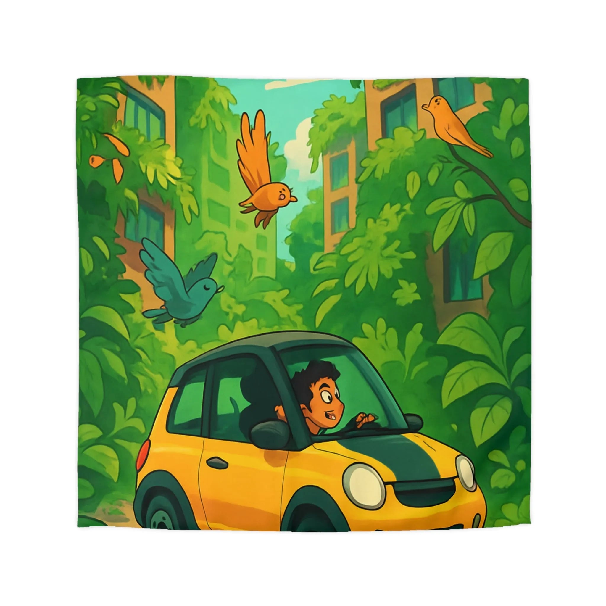 Housse de couette colorée avec voiture jaune et jungle luxuriante pour enfants aventureux