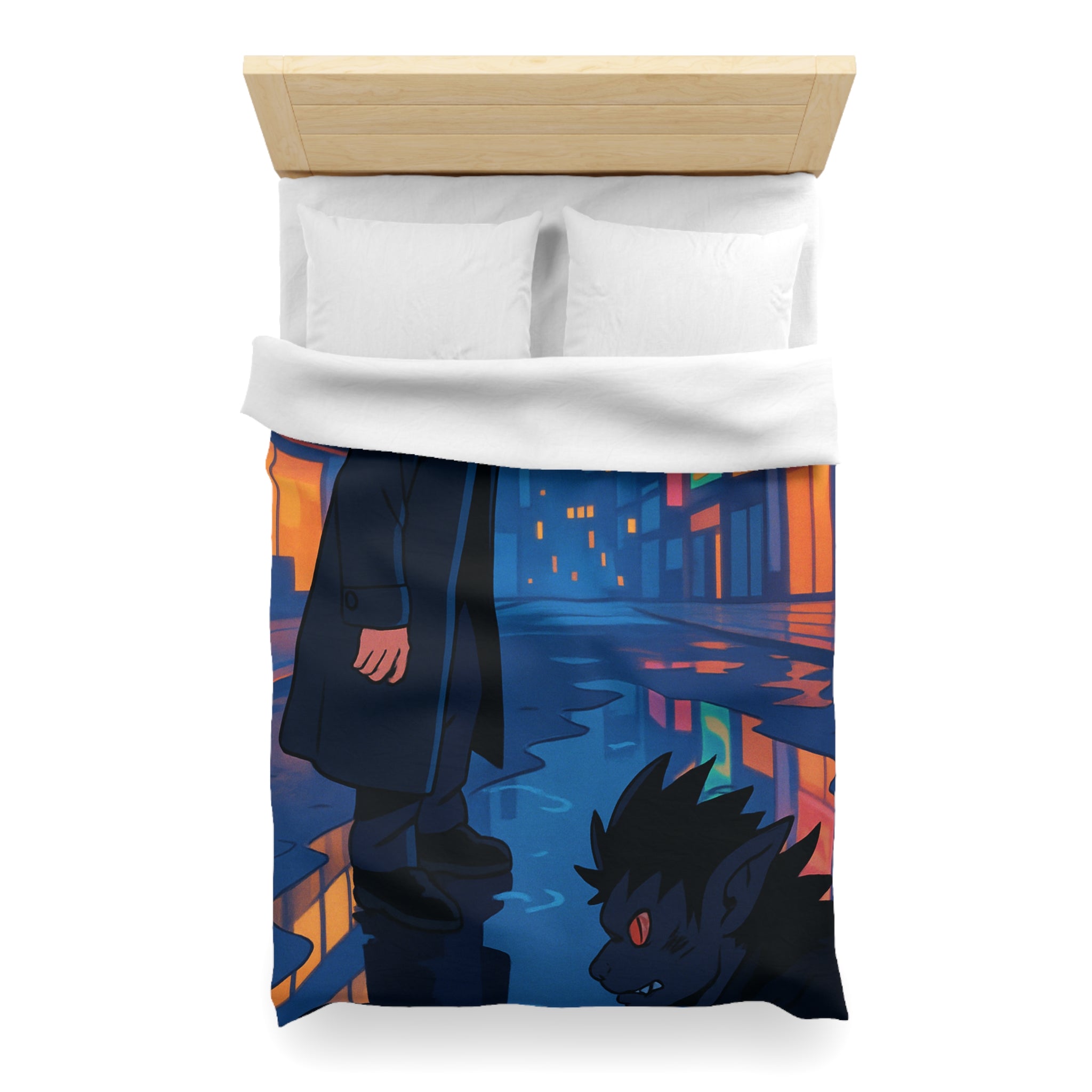 Housse de couette urbaine avec reflet mystérieux dans une rue animée la nuit