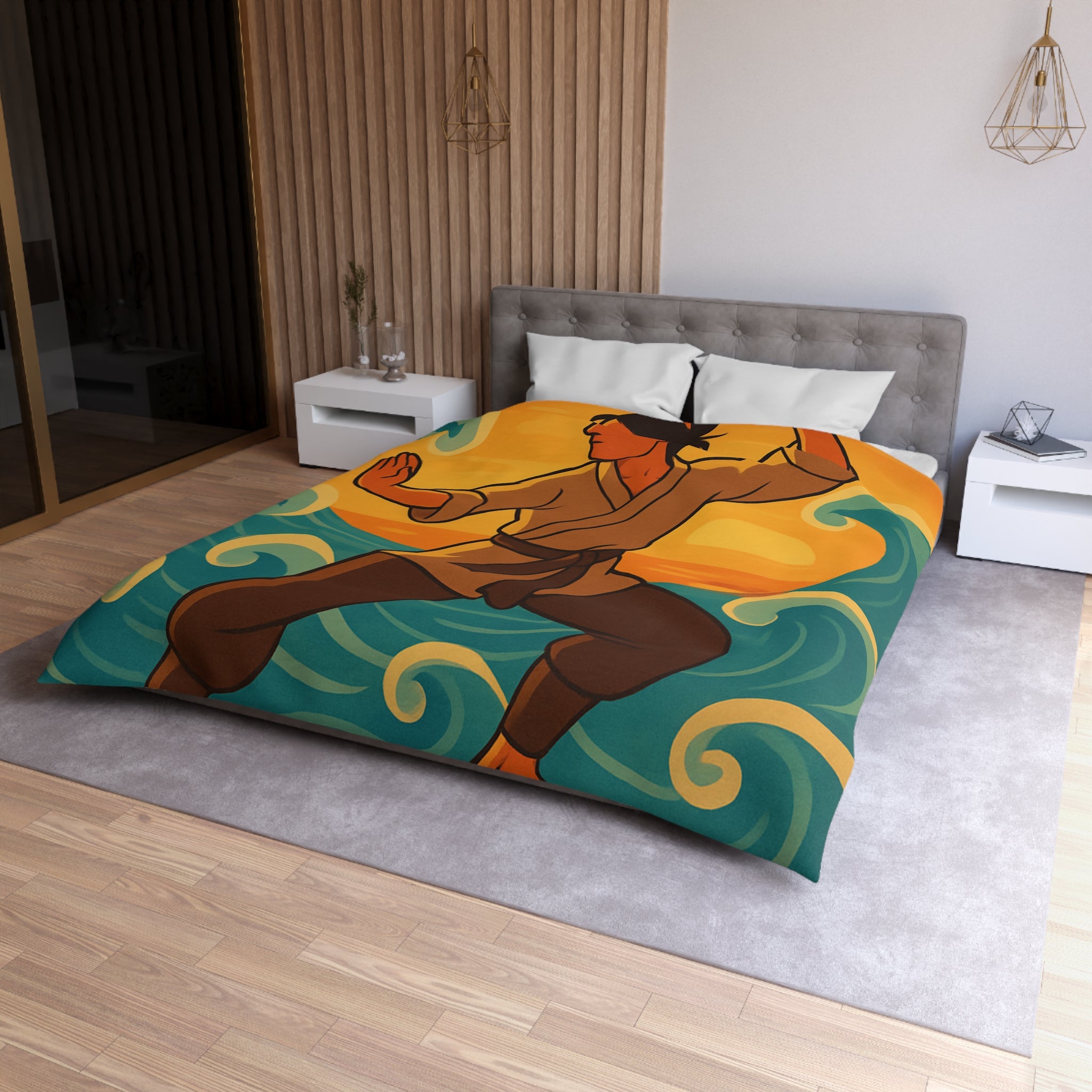 Housse de Couette Style Japonais Art Martial Coucher de Soleil et Océan Bleu