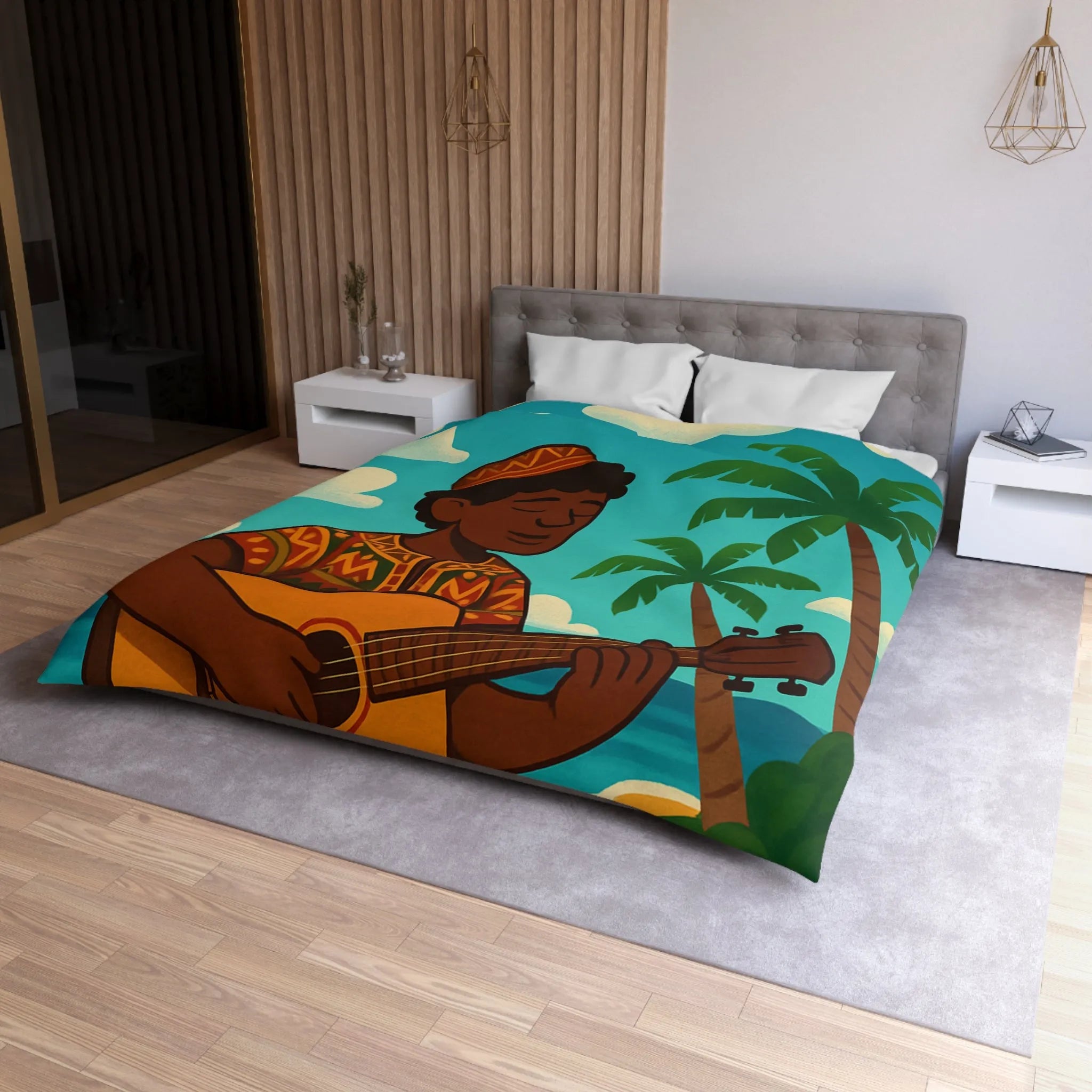 Housse de couette illustrée avec musicien joyeux sous les palmiers en bord de mer