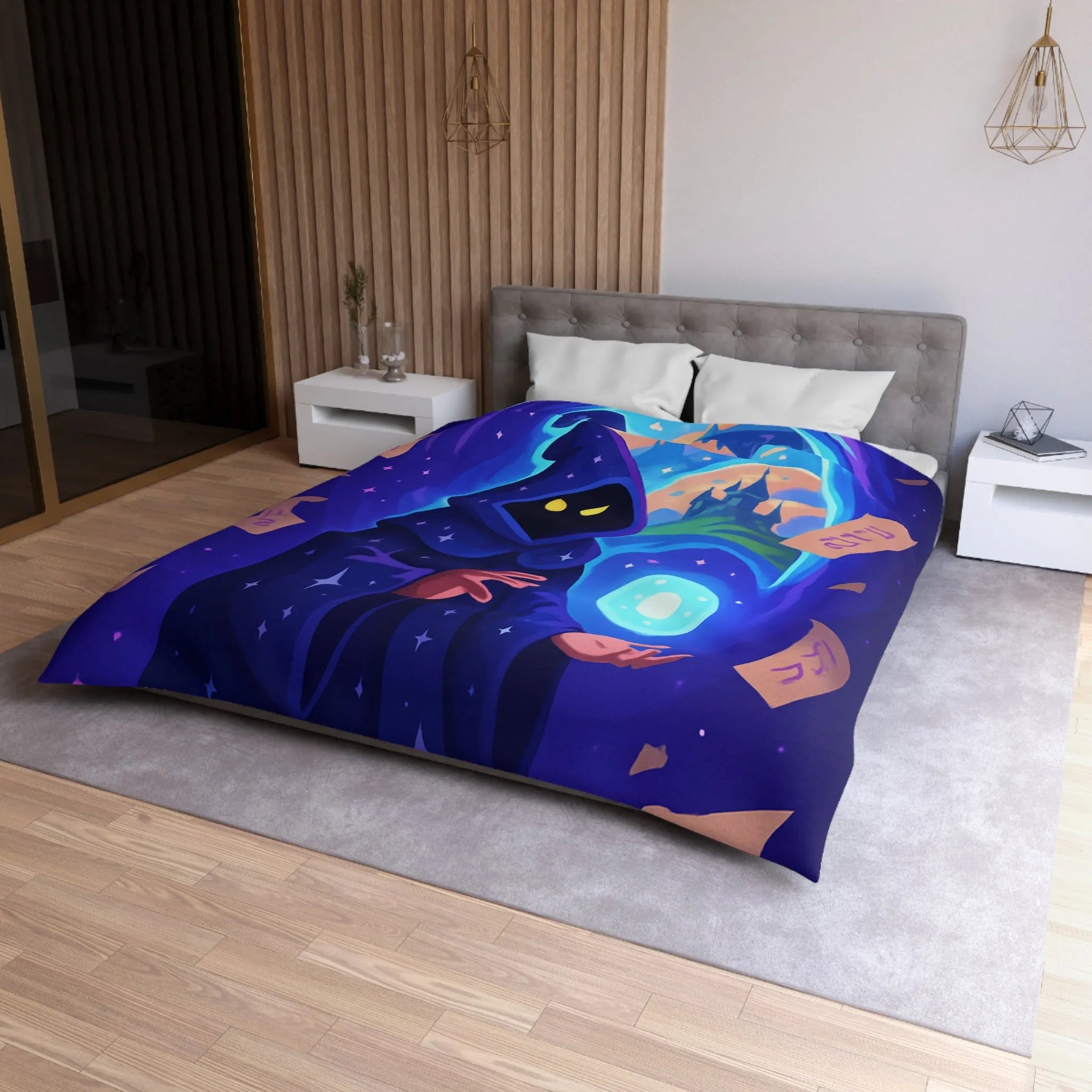 Housse de couette magique bleu nuit avec sorcier et château fantastique étoilé mystérieux