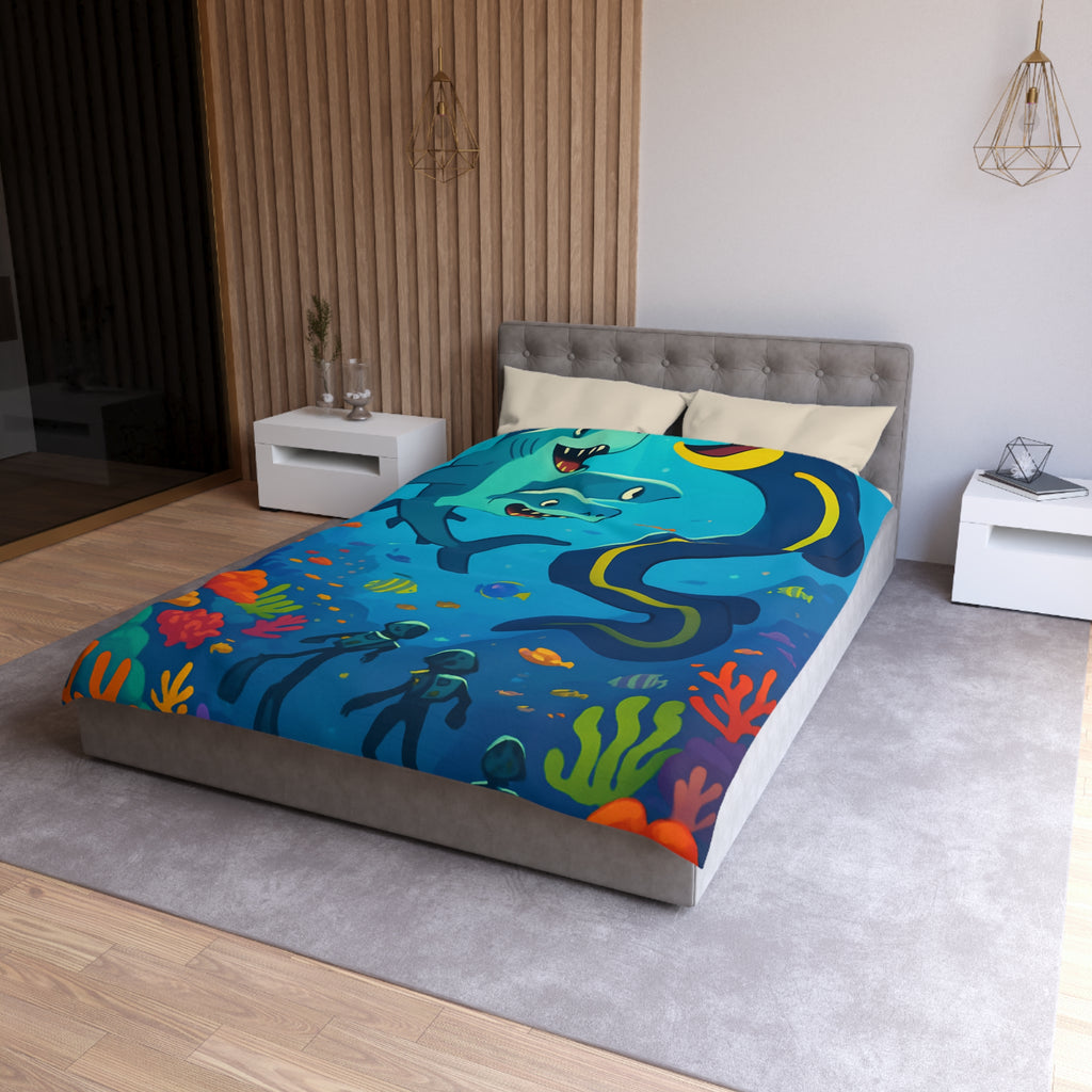 Housse de couette océan vibrante avec requins amicaux et plongeurs explorateurs