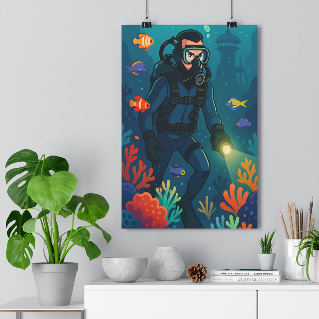 Poster décoratif cartoon bleu vert mystique aventure chambre salon scaphandre poissons coraux explorateur 30x46