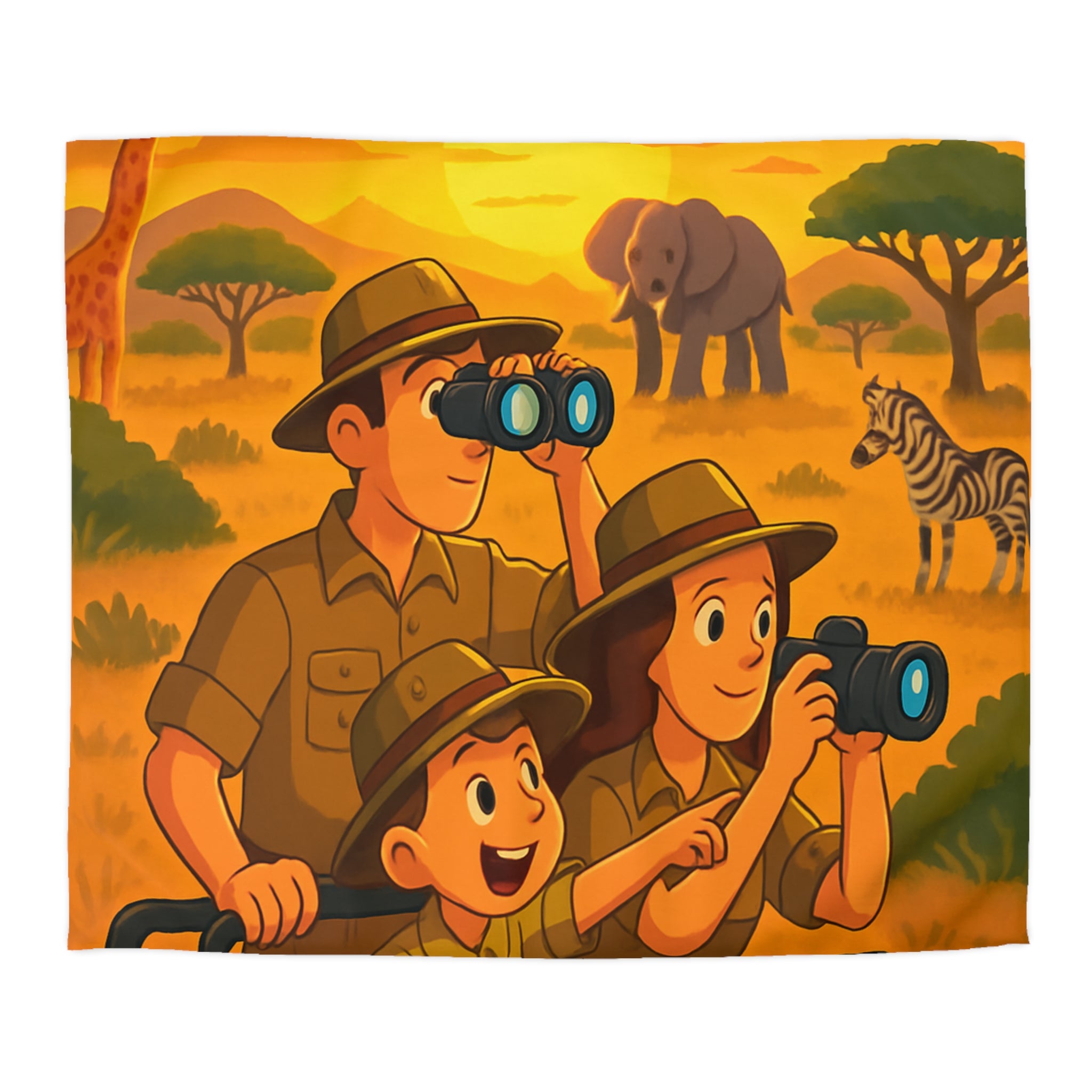 Safari familial au coucher du soleil avec jumelles, appareils photo, éléphant et girafe