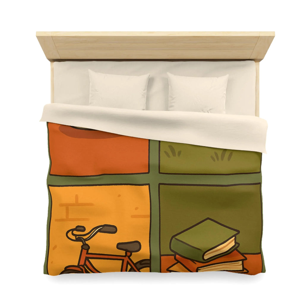 Housse de Couette Décontractée avec Chat Orange, Café, Vélo et Livres Colorés