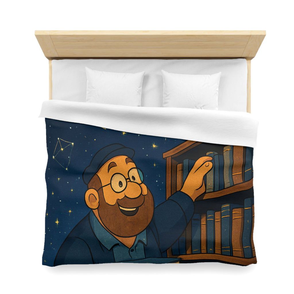 Housse de couette magique avec bibliothécaire sous ciel étoilé et livres animés