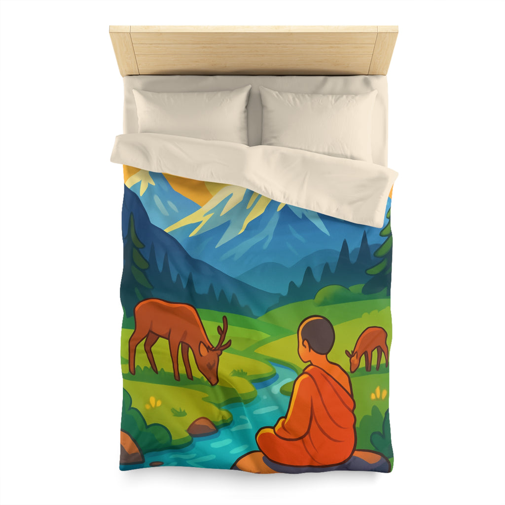 Housse de couette zen avec paysage montagneux, moine, cerfs et rivière tranquille
