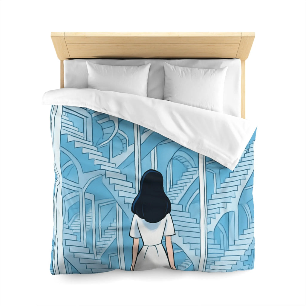 Housse de couette escalier infini en bleu avec femme en robe blanche contemporaine