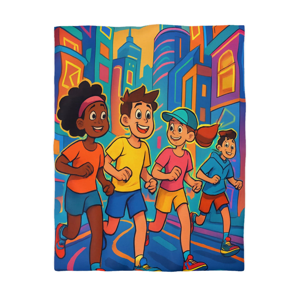 Ensemble d'enfants colorés courant en ville, illustration dynamique pour housse de couette vive