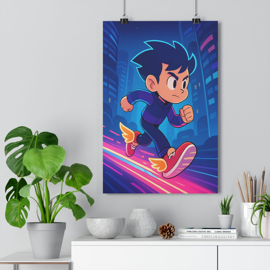 Poster décoratif animation néon futuriste bleu rose dynamique enfant chambre moderne vibrant course qualité