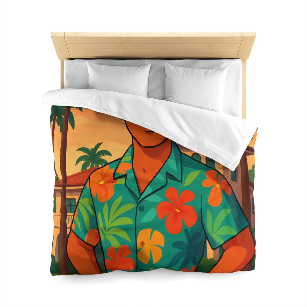 Housse de couette tropicale avec personnage souriant en chemise hawaïenne et palmiers