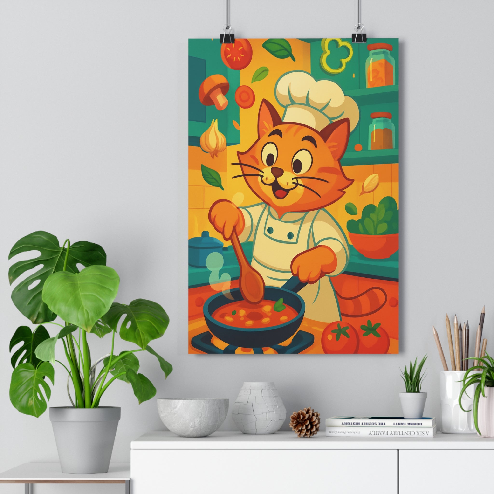 Poster décoratif joyeux chat cuisine cartoon vibrant orange bleu salon chambre original unique artistique