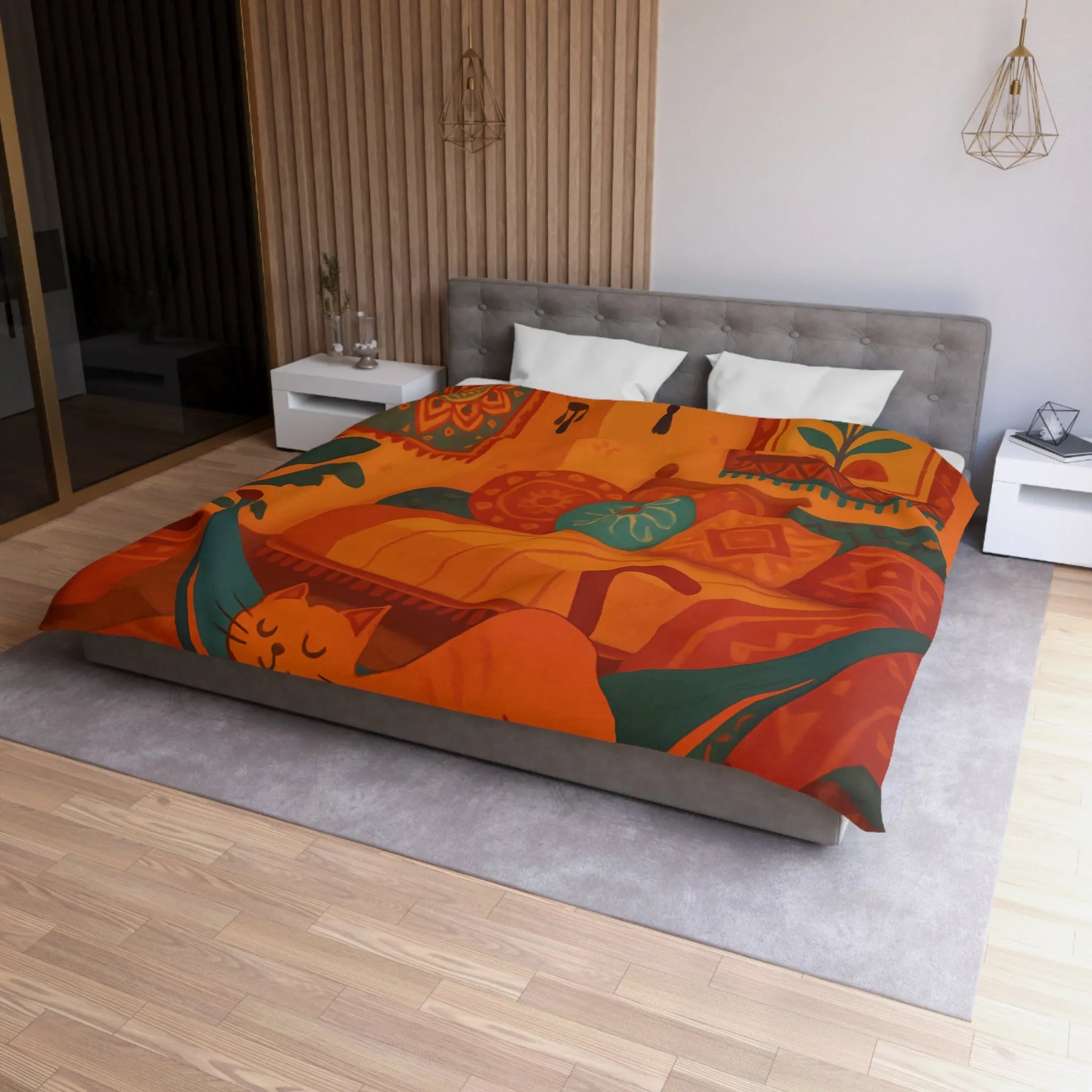 Housse de couette bohème avec motifs mandala et chat dans des tons chauds
