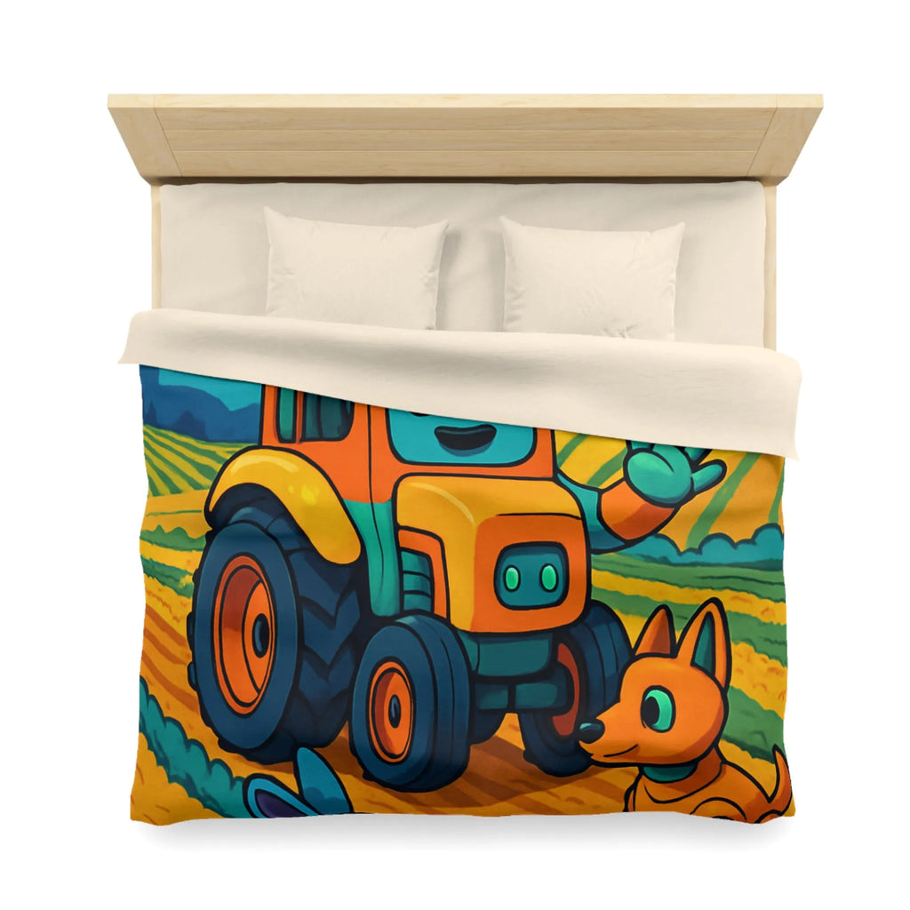 Housse de couette colorée avec tracteur joyeux, robots animaux et scène de ferme nocturne