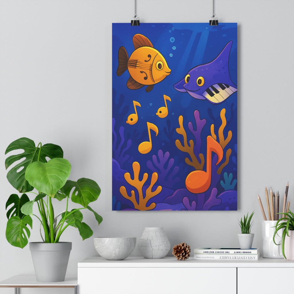 Poster décoratif cartoon sousmarin orange violet bleu musical chambre enfant joyeux coloré moderne unique