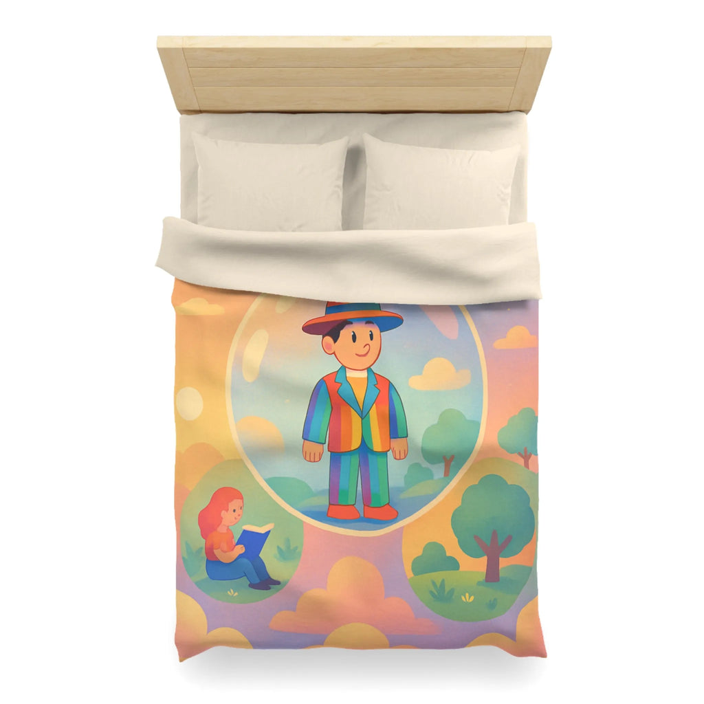 Housse de couette aux motifs rêveurs de personnages dans des bulles colorées et apaisantes