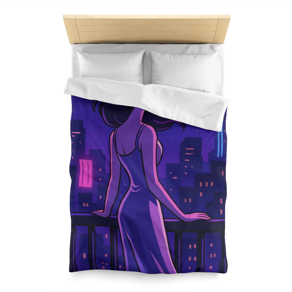 Housse de couette avec femme contemplant ville nocturne éclairée, style rétro futuriste animé