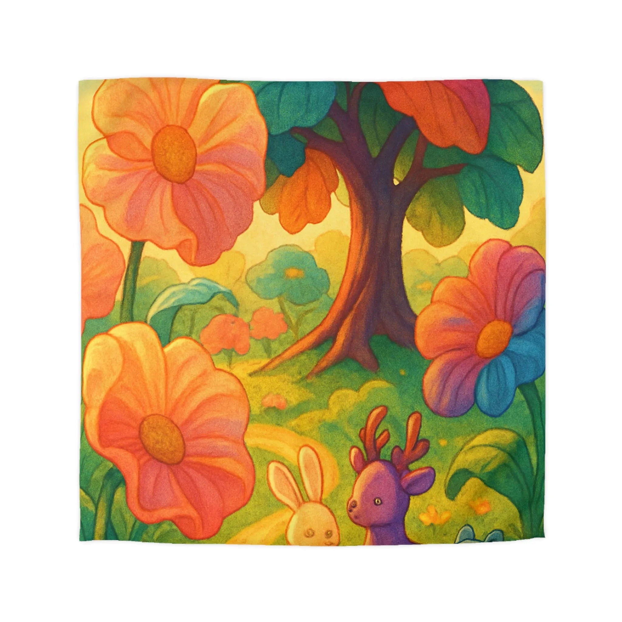 Housse de couette avec animaux mignons et fleurs colorées dans une forêt féerique