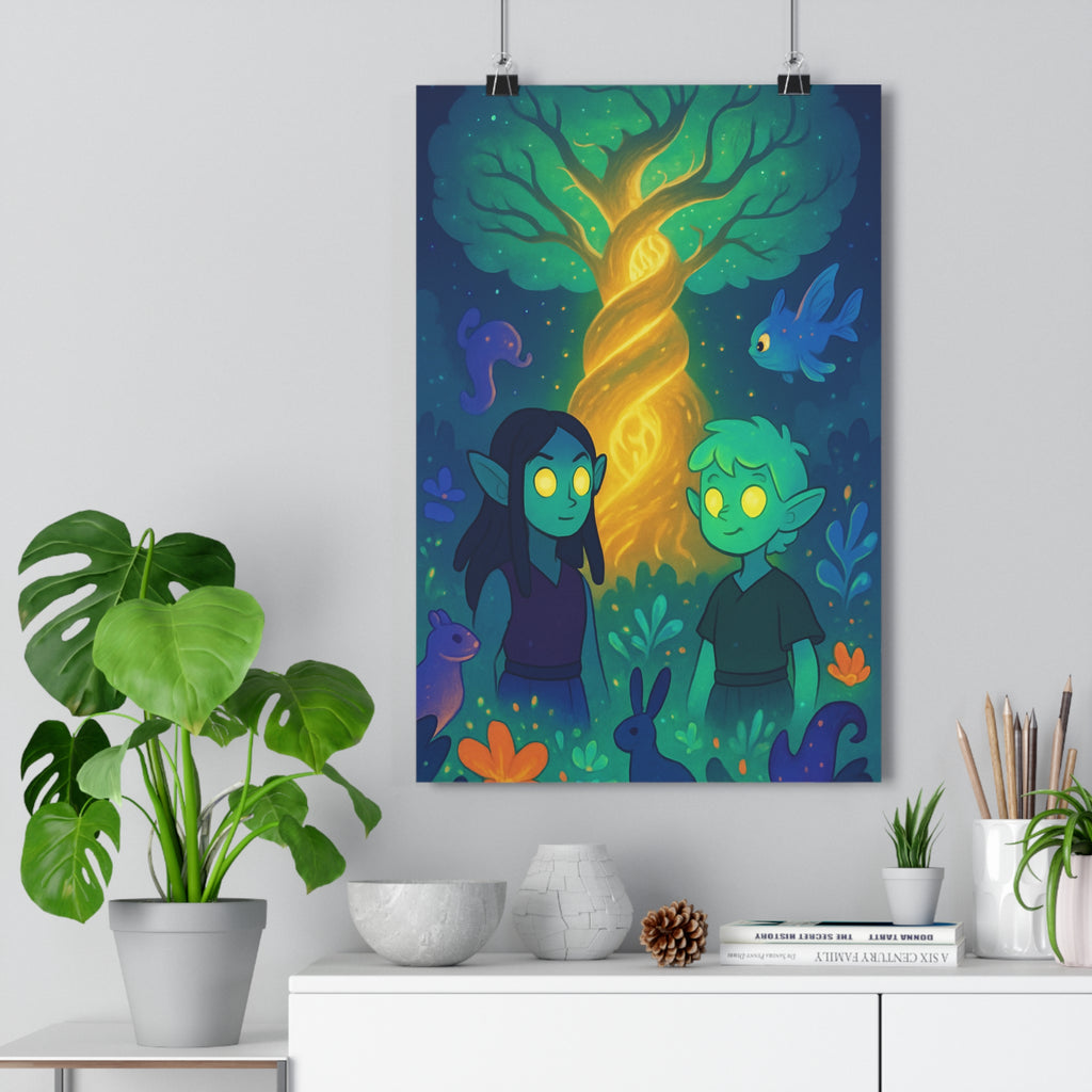 Poster décoratif magique anime vert bleu mystique chambre salon aventure lumineux enchanteur personnages arbre