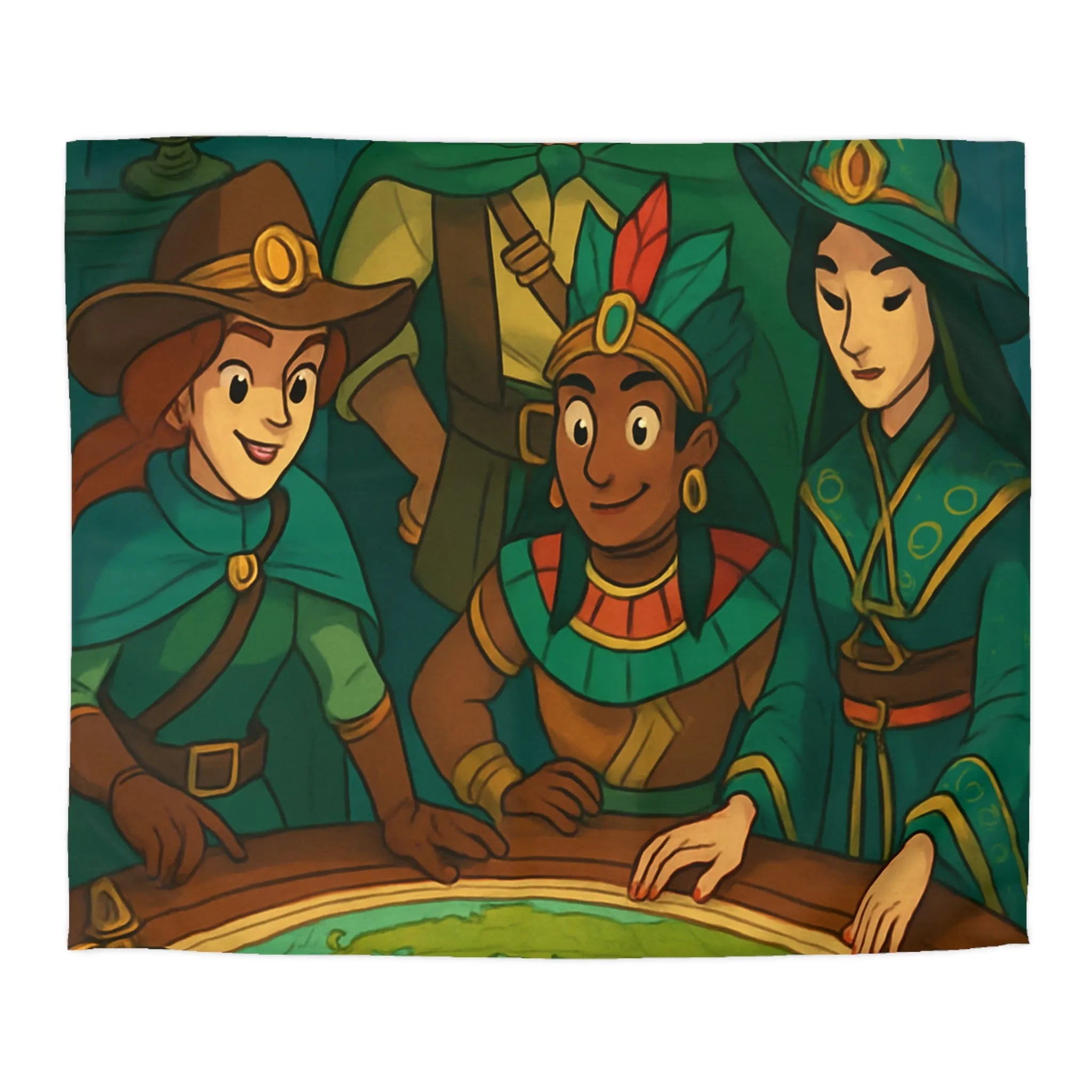 Housse de couette aventuriers explorateurs carte monde globe chapeaux costumes colorés ambiance ludique