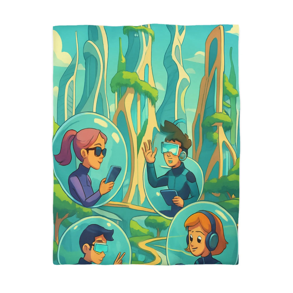 Housse de couette futuriste avec paysage urbain et personnages connectés en réalité augmentée