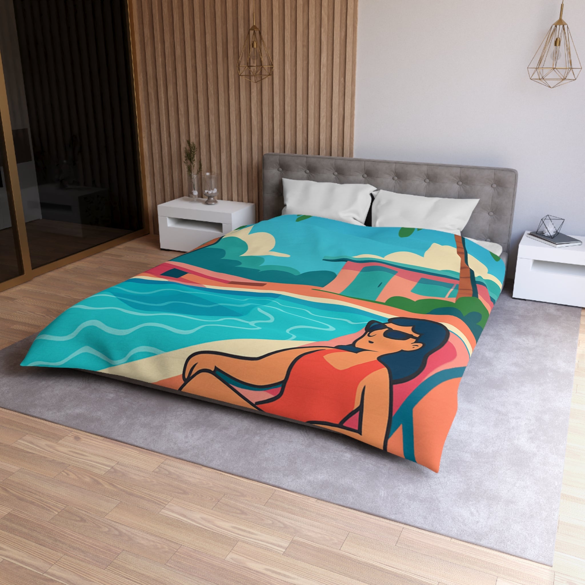 Vibrante housse de couette avec illustration de piscine et palmiers ambiance tropicale