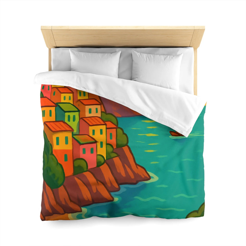 Housse de couette avec paysage côtier éclatant sous coucher de soleil vibrant et artistique