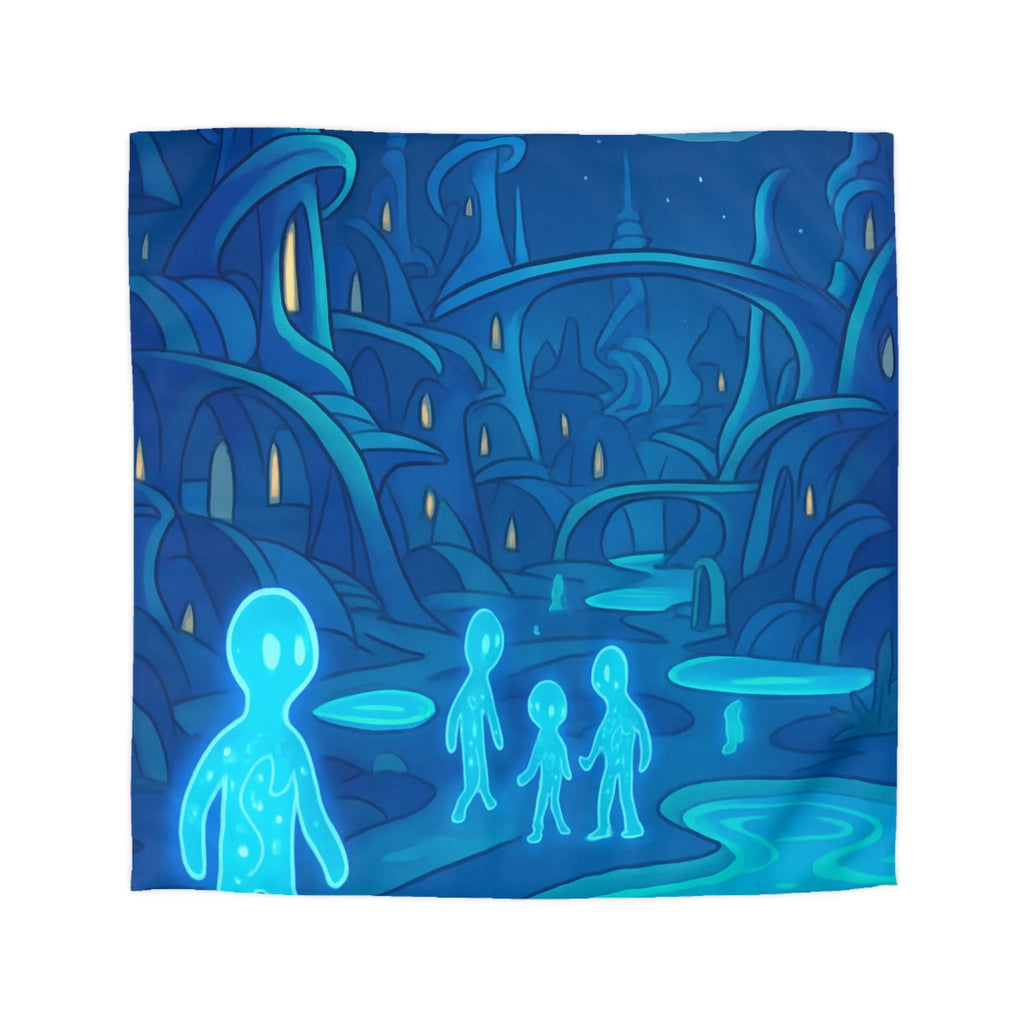 Housse de couette fantastique avec paysage extraterrestre, créatures lumineuses et lune mystique