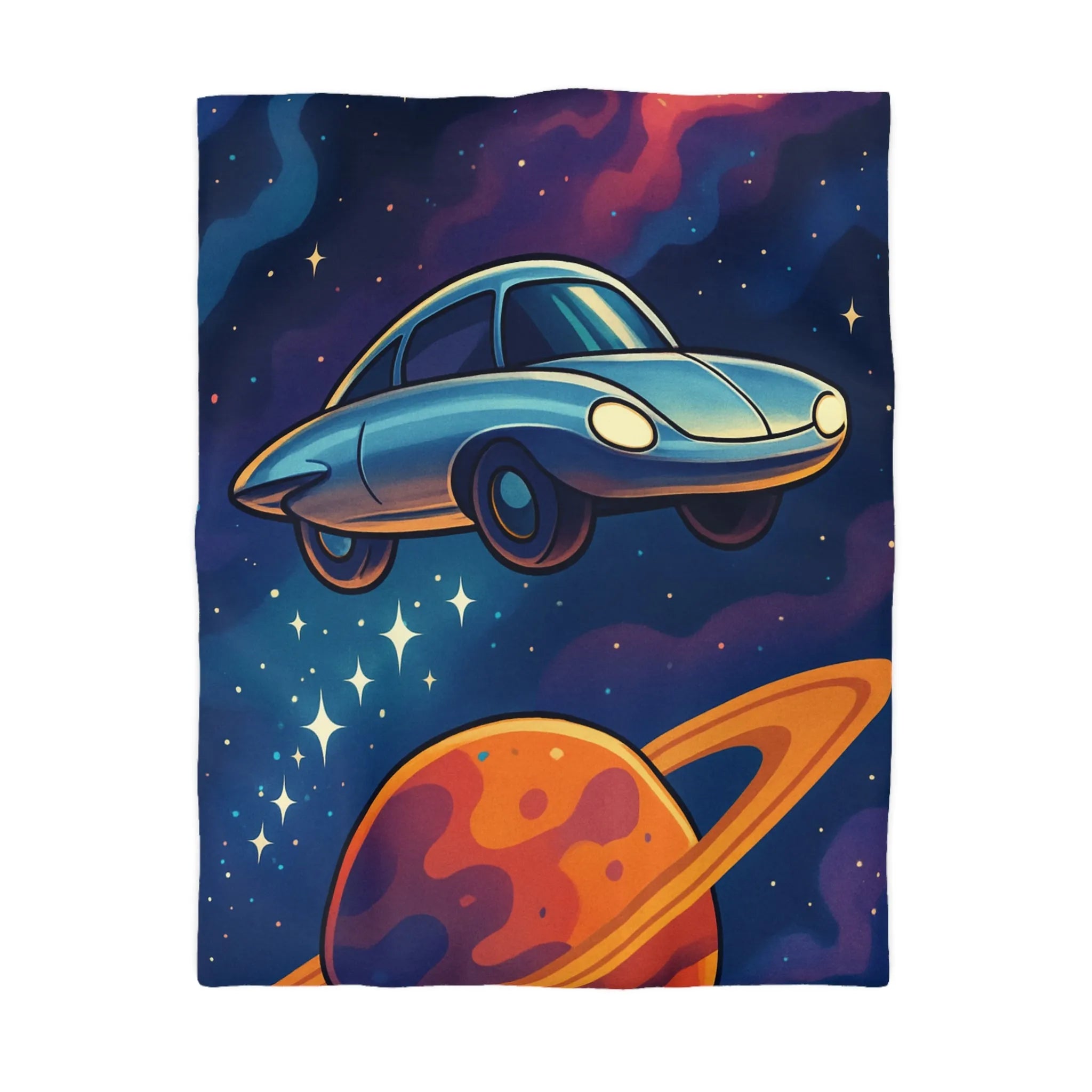 Housse de Couette Artistique Spatiale avec Voiture Volante et Planète Saturne Colorée