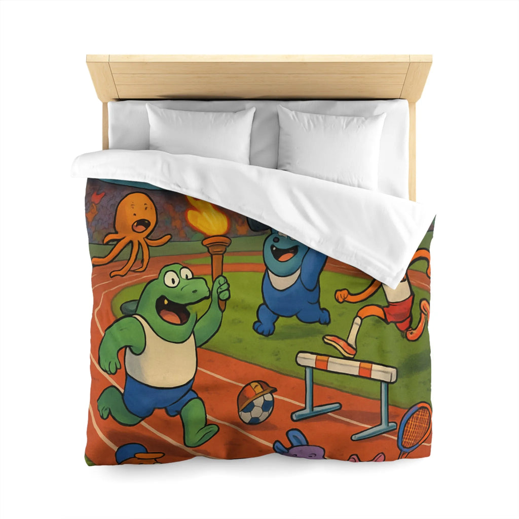 Housse de couette colorée avec animaux sportifs célébrant sous feux d'artifice nocturnes