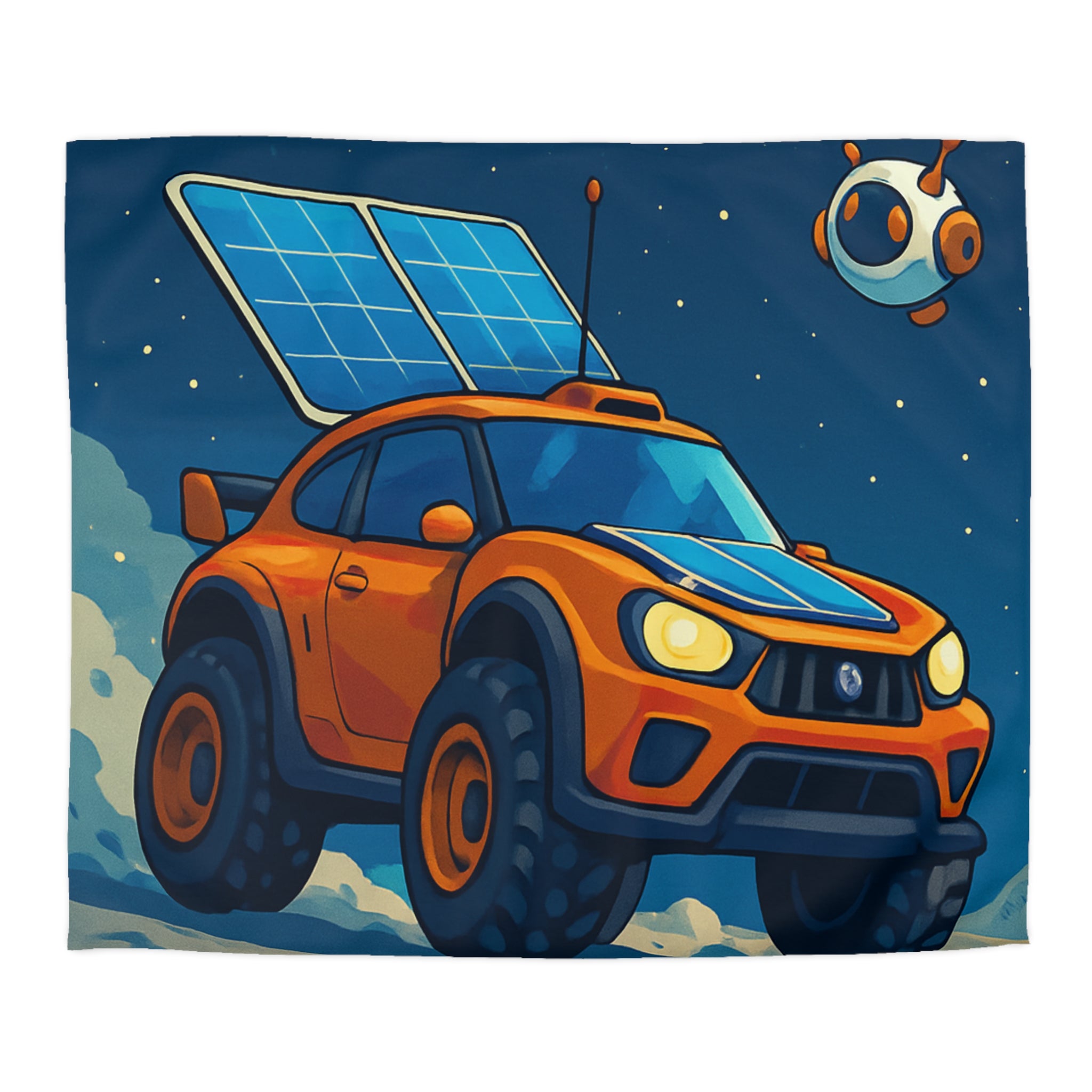 Housse de couette spatiale avec voiture orange et robots sur fond lunaire captivant