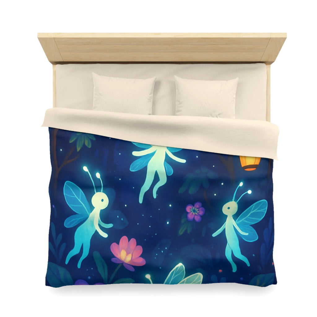 Housse de couette féérique avec lutins lumineux et fleurs dans une forêt enchantée