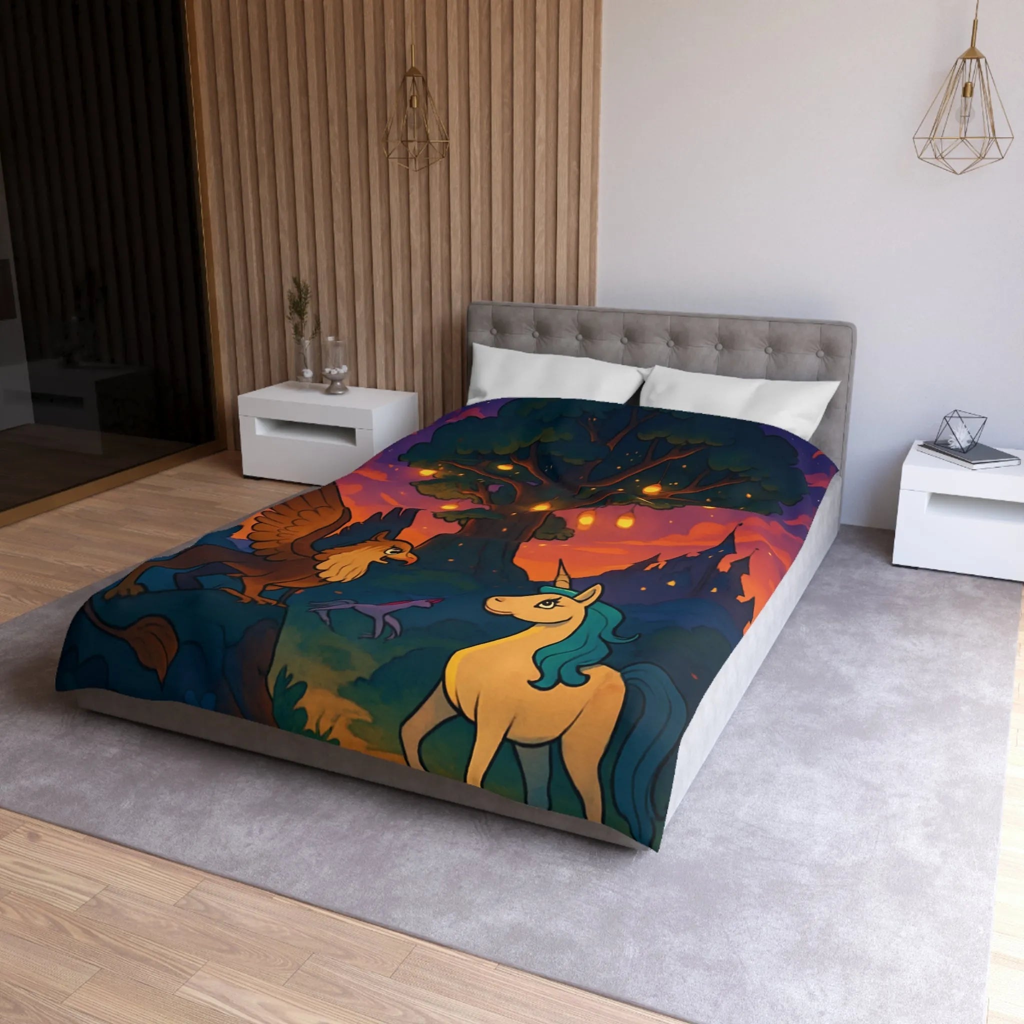 Housse de couette féerique avec licorne et griffon sous arbre lumineux au crépuscule