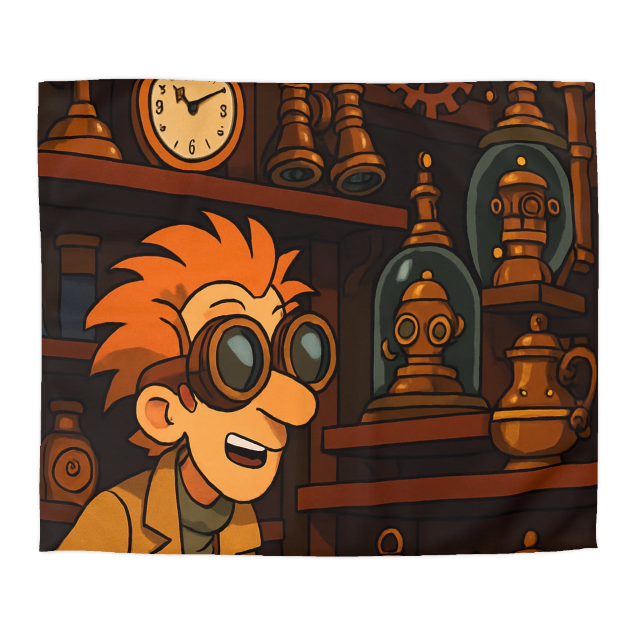 Housse de couette steampunk avec engrenages dorés et inventeur aux lunettes futuristes